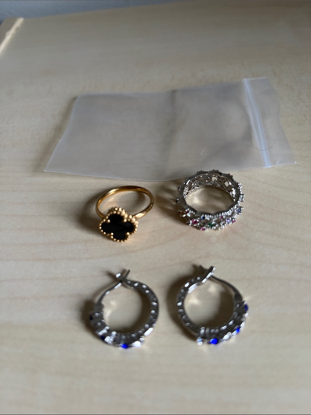 Gold-Plated Black Clover Ring and Multi-Color Crystal Stackable Ring Set